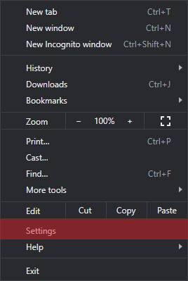 Chrome Options Menu with Settings Highlighted