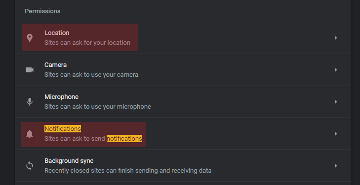 Chrome Site Permissions Highlighted