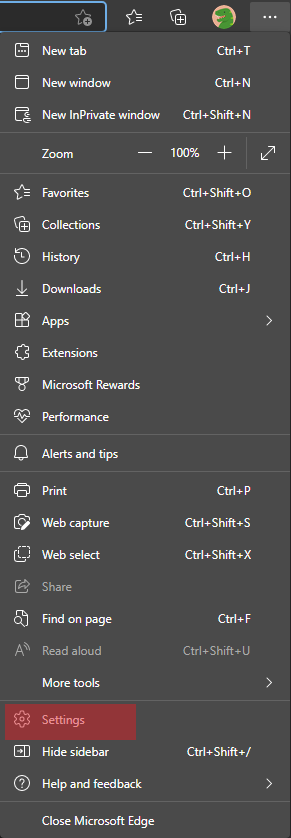 Edge Options Menu with Settings Highlighted