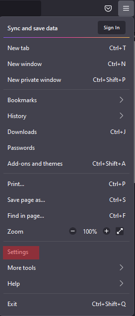 Firefox Options Menu with Settings Highlighted