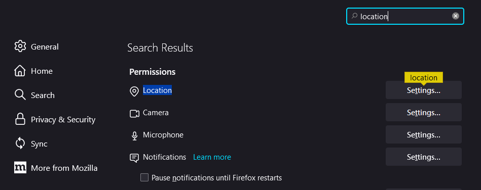 Firefox Settings Search Location Results