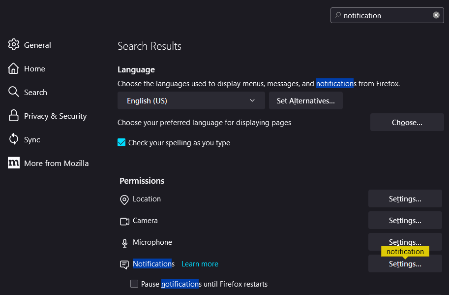 Firefox Settings Search Notification Results