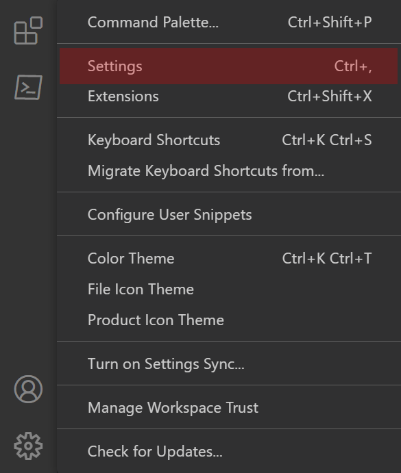 Opening Settings from Manage Menu