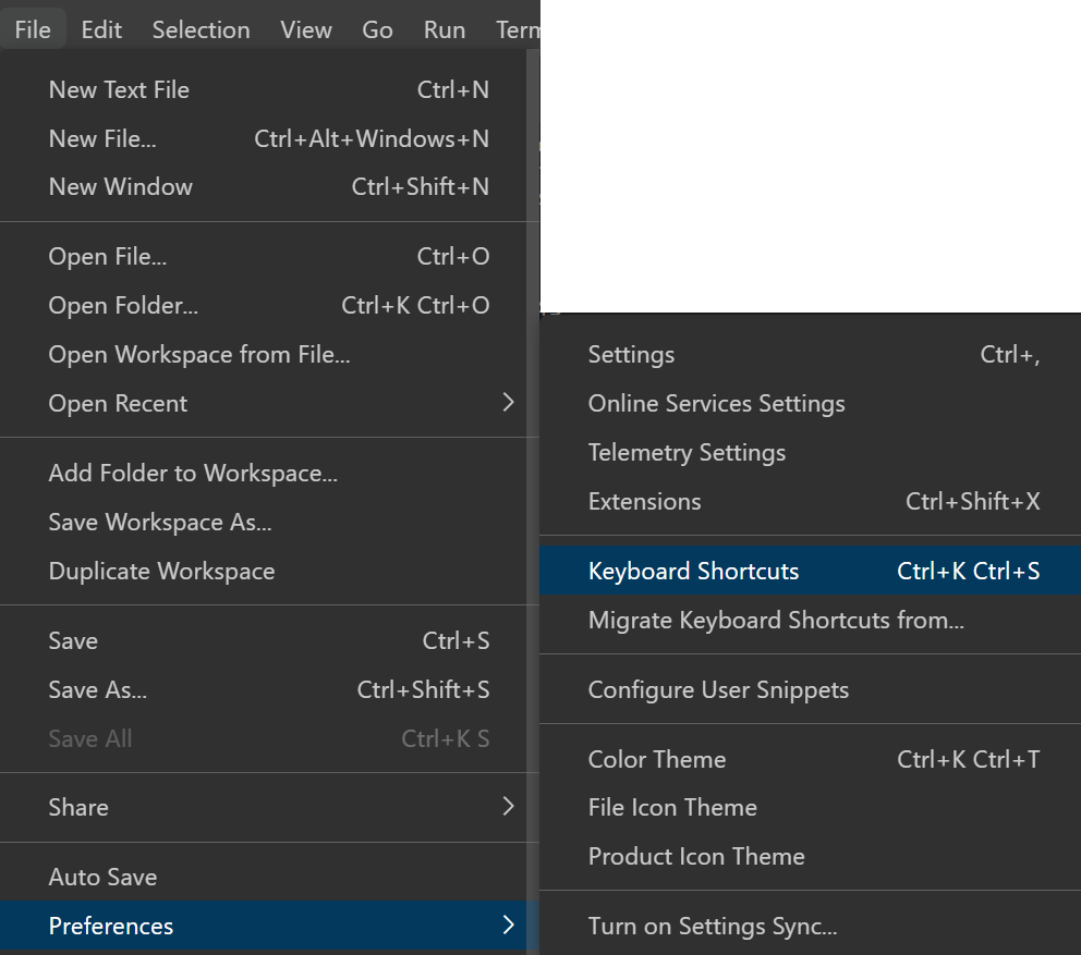 Opening Keyboard Shortcuts from File Menu