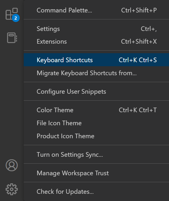 Opening Keyboard Shortcuts from Manage Menu