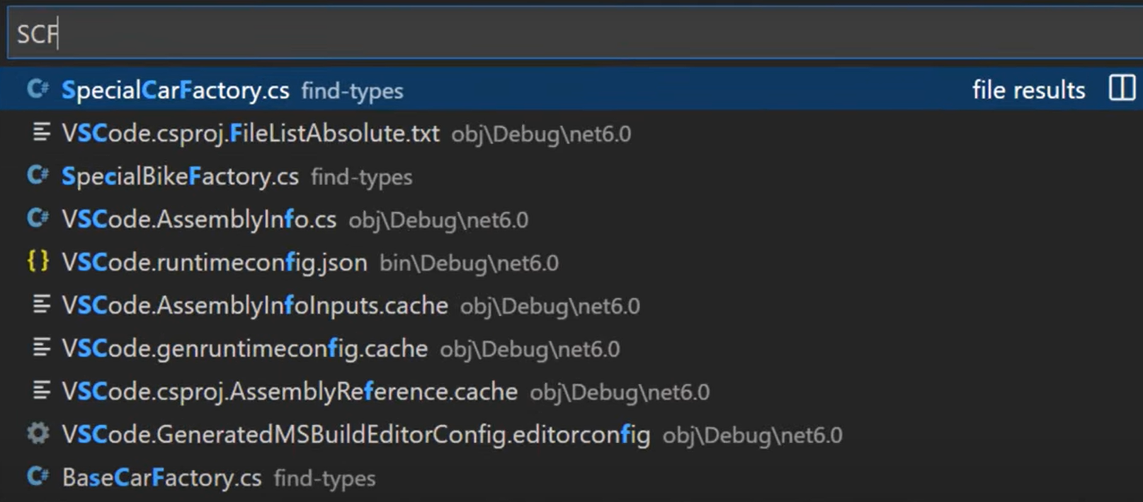 File Search Results in VS Code with First Word Letters Only